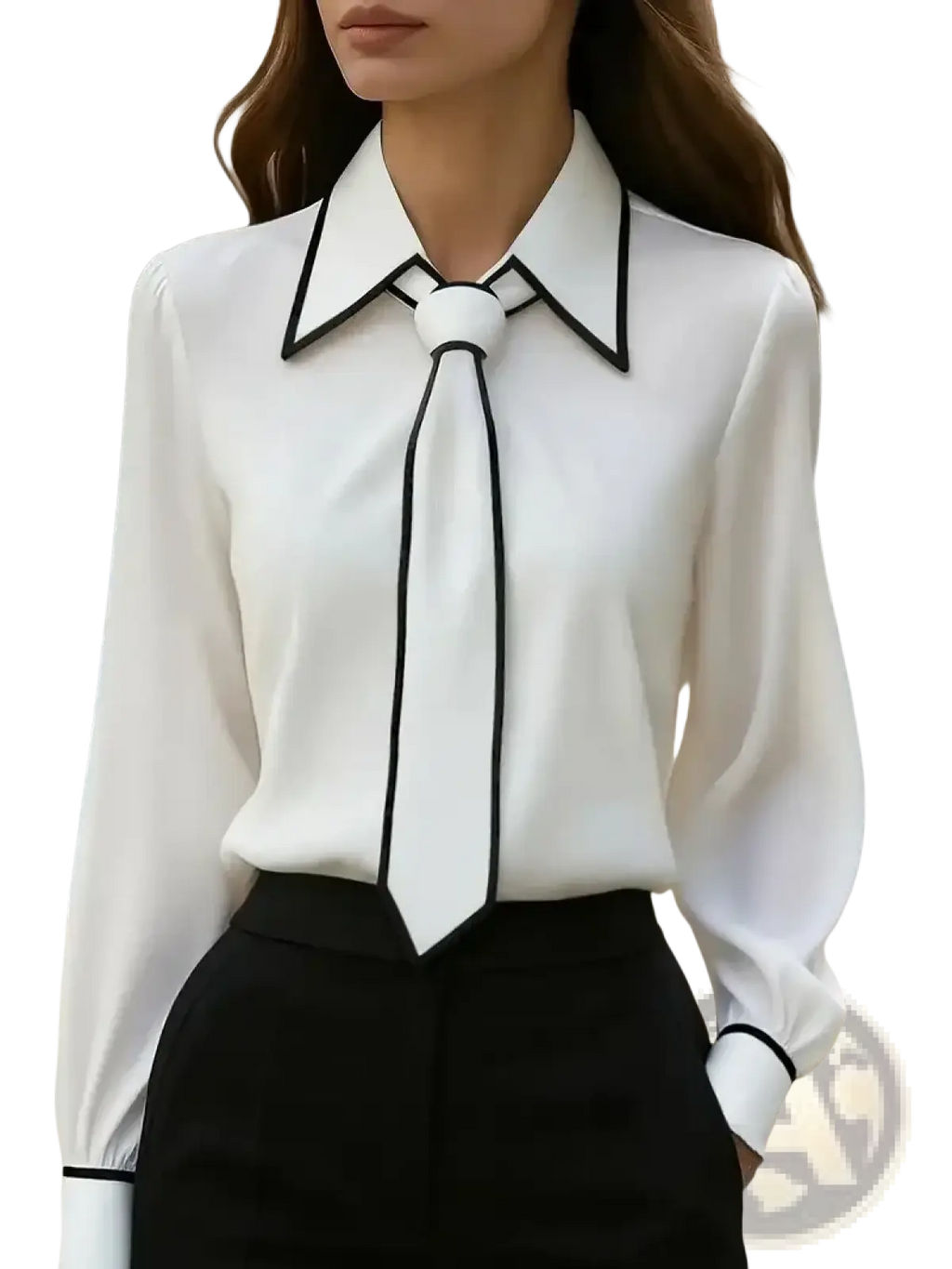 White satin bow tie office blouse with black trim long sleeve and tie front detail for workwear use