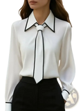 White satin bow tie office blouse with black trim long sleeve and tie front detail for workwear use