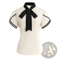 Cream-colored satin bow tie puff sleeve blouse with black ribbon tie and contrasting black trim for office wear