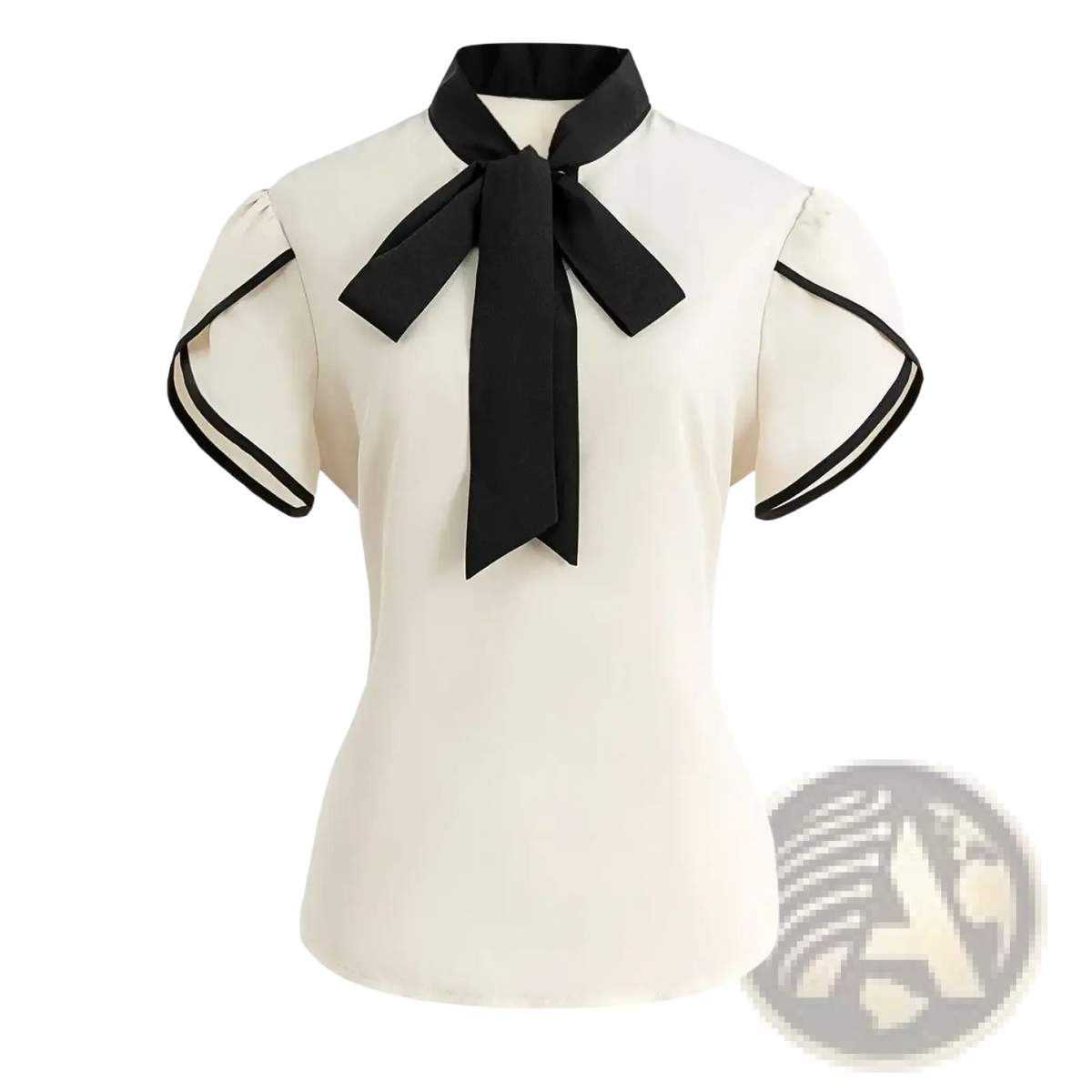 Cream-colored satin bow tie puff sleeve blouse with black ribbon tie and contrasting black trim for office wear