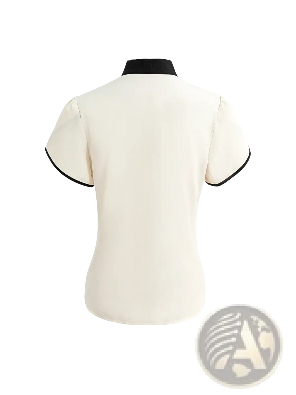 Bow tie puff sleeve blouse cream with black contrast trim on collar and cuffs ideal for office wear