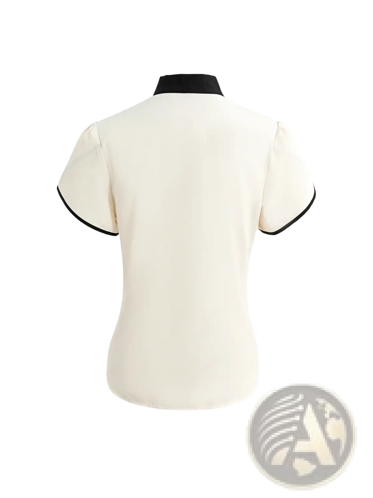 Bow tie puff sleeve blouse cream with black contrast trim on collar and cuffs ideal for office wear