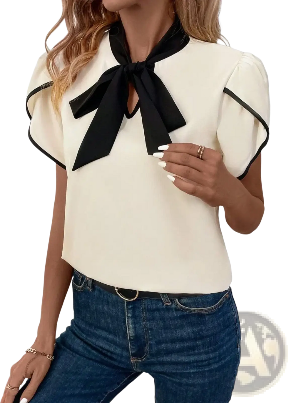 Cream bow tie puff sleeve blouse with black ruffled sleeves and contrasting bow, ideal for office wear