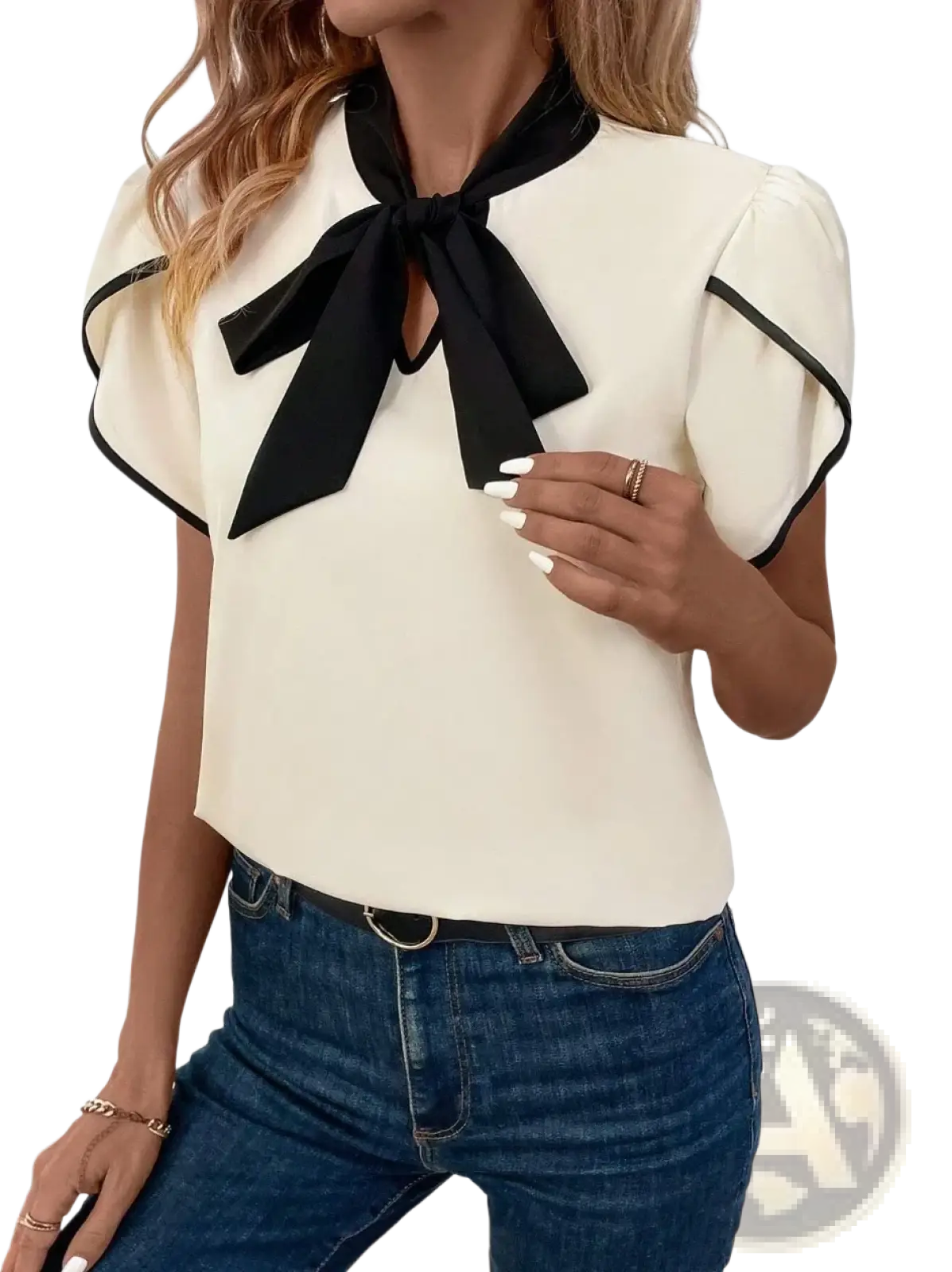 Cream bow tie puff sleeve blouse with black ruffled sleeves and contrasting bow, ideal for office wear