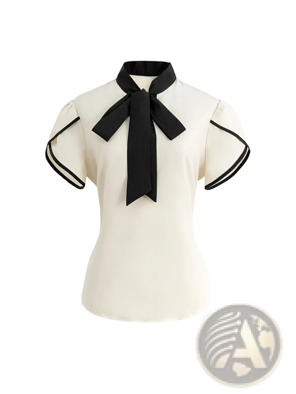 Cream bow tie puff sleeve blouse with black satin bow collar and trim in cream for office wear