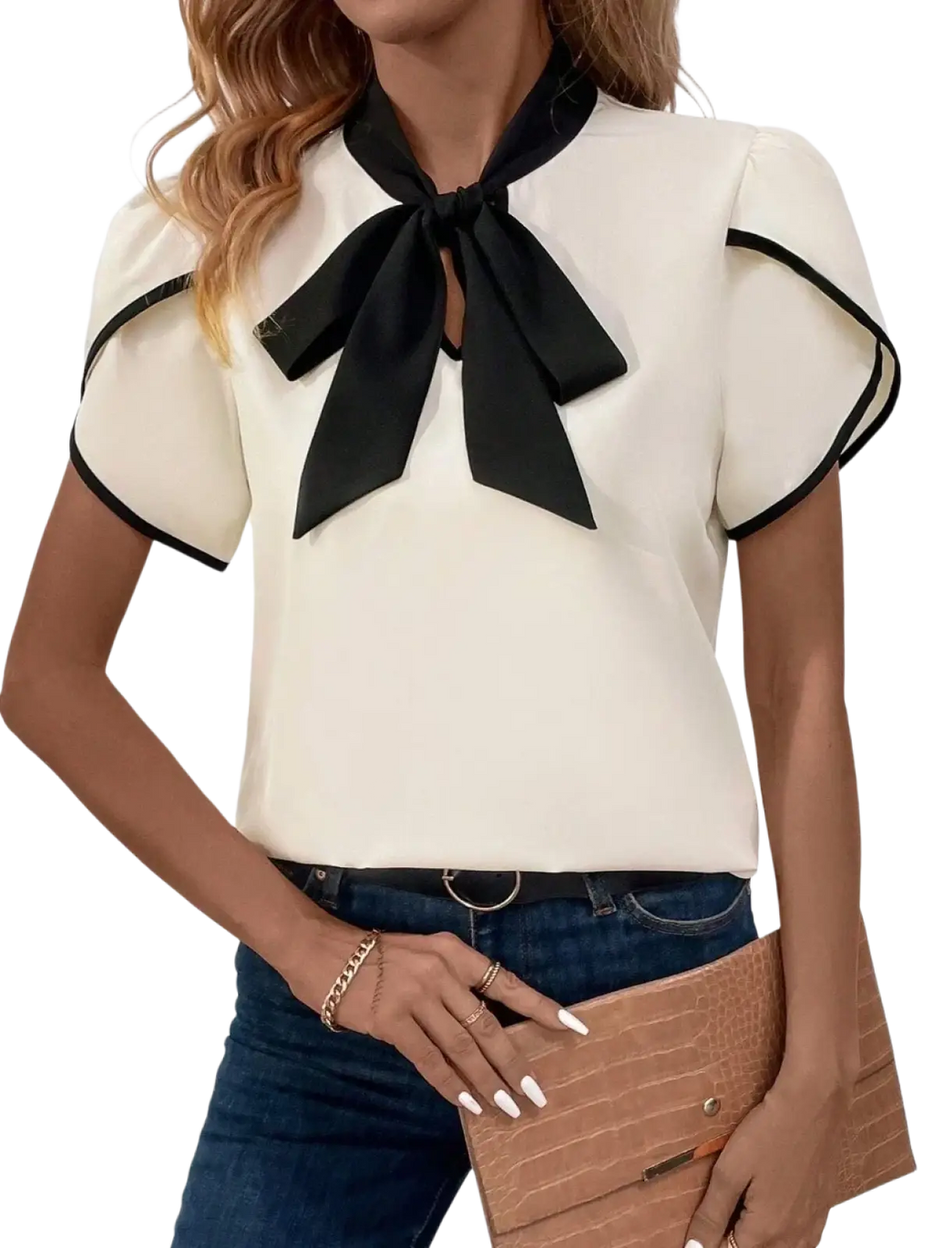 Cream bow tie puff sleeve blouse with black trim at neckline suitable for office wear