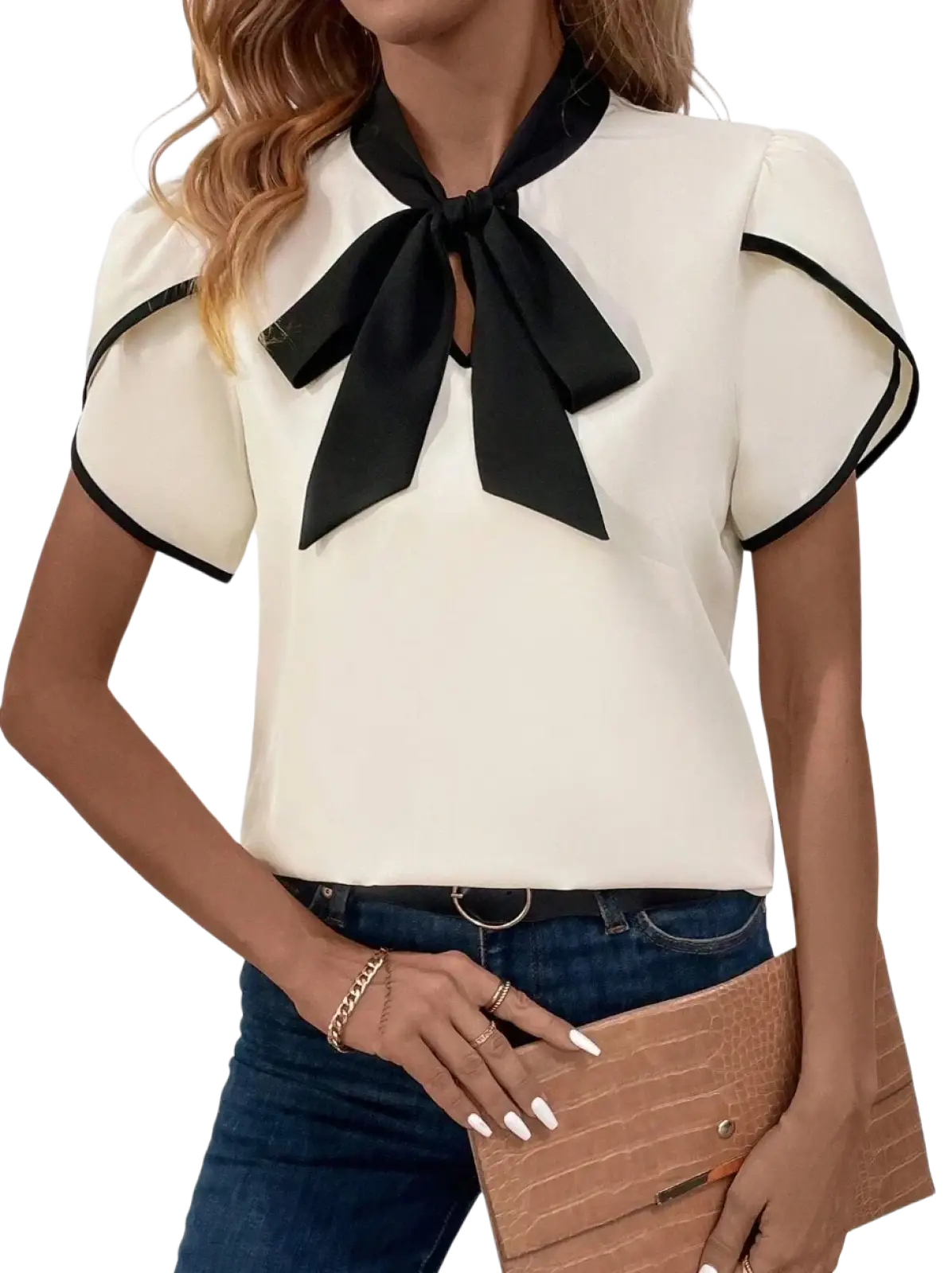 Cream bow tie puff sleeve blouse with black trim at neckline suitable for office wear