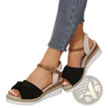 Black suede bow-front wedge sandals with tan leather buckle straps and woven espadrille rope sole