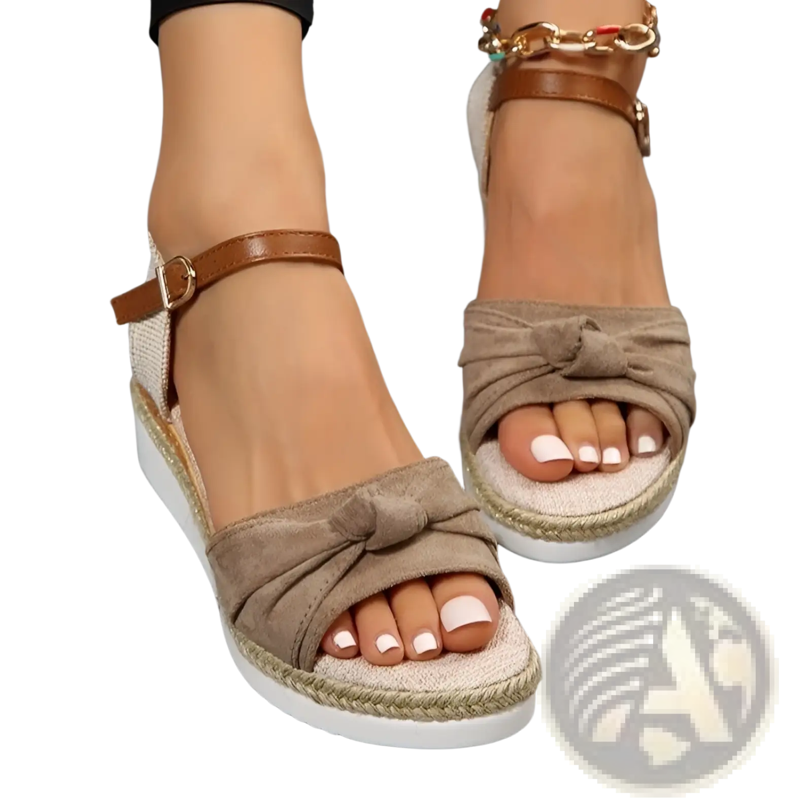 Beige suede bow wedge sandals with knotted strap detail and woven espadrille rope sole with buckle strap