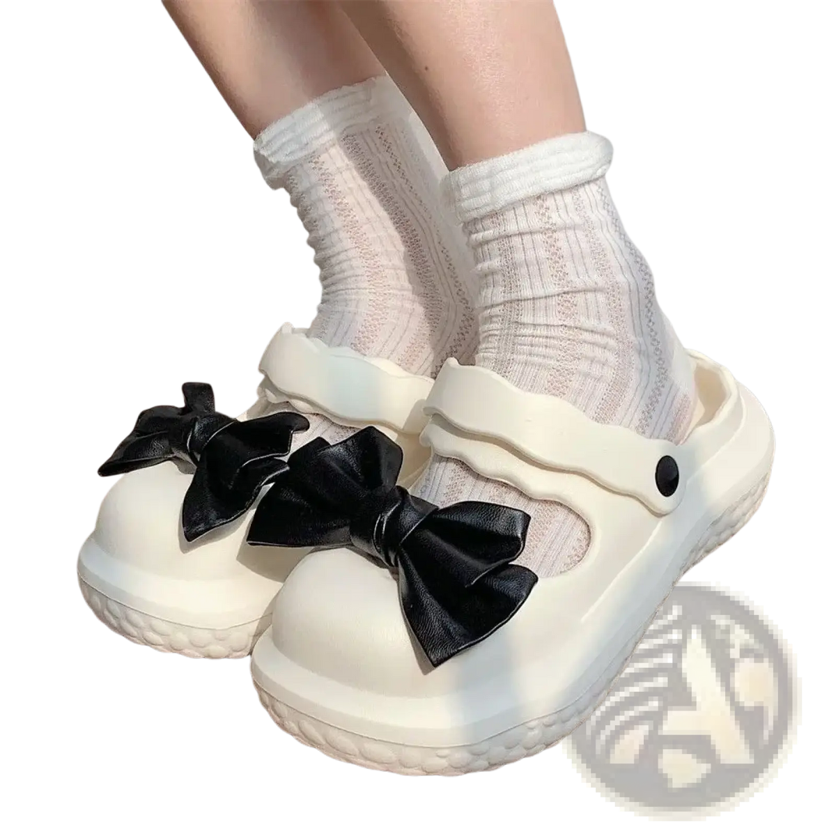 White platform clog shoes with black satin bows designed as bowknot slip-on rubber sandals for casual wear