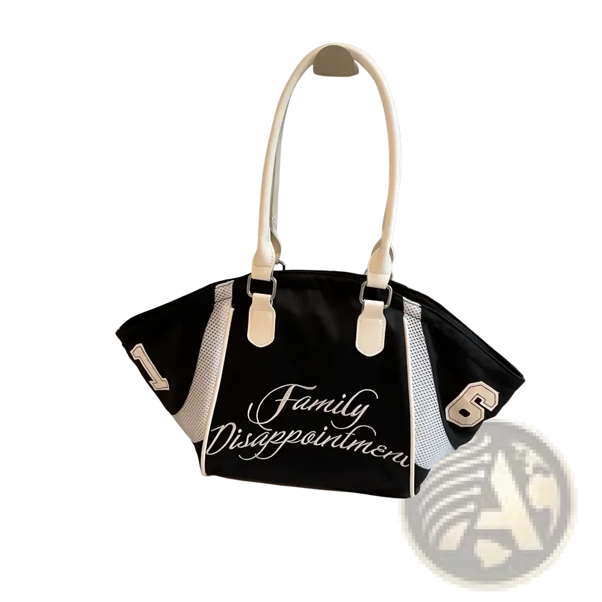 Black and white bowling bag embroidered sports tote shoulder handbag with mesh panels and cream handles