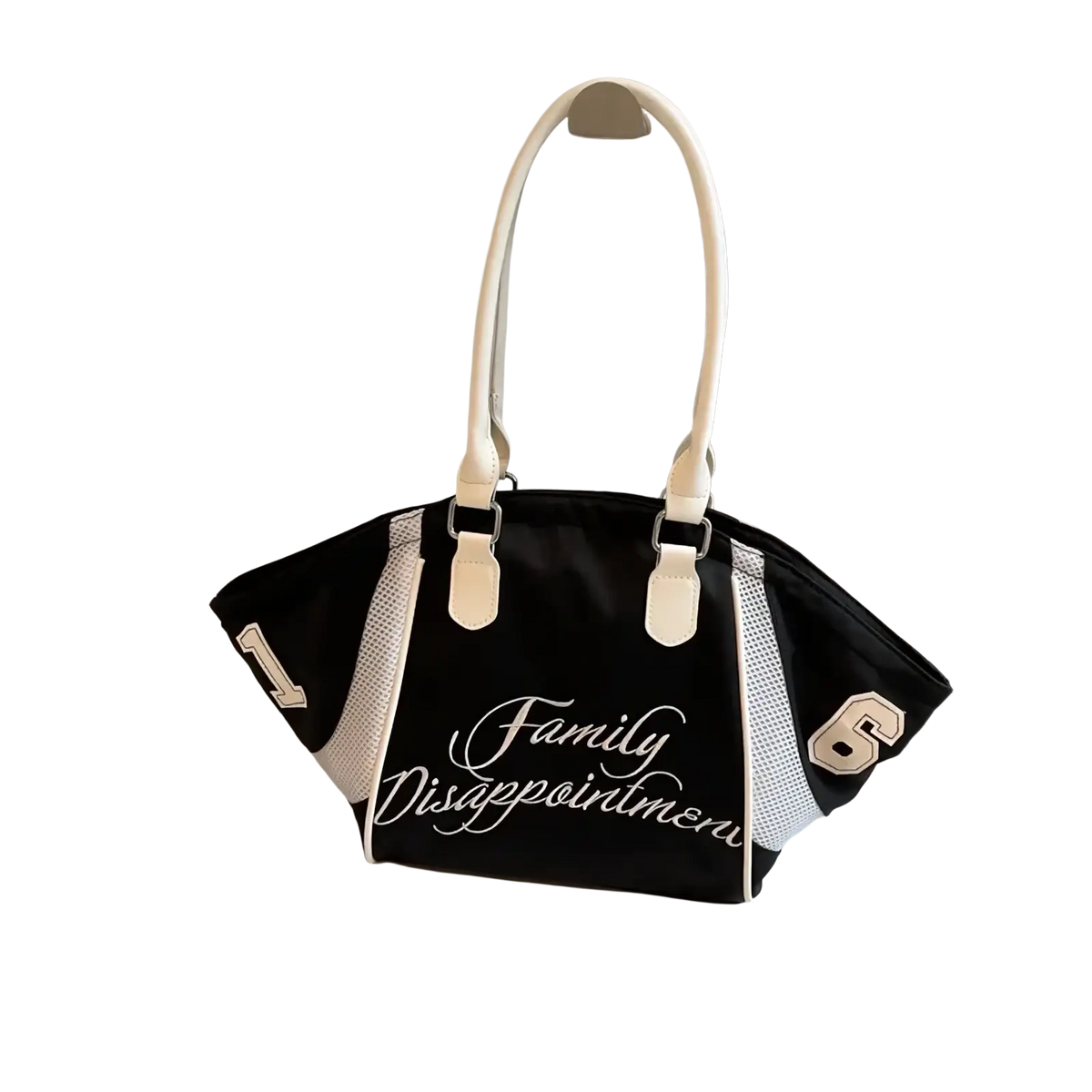 Black and white bowling bag embroidered sports tote shoulder handbag with mesh panels and cream handles