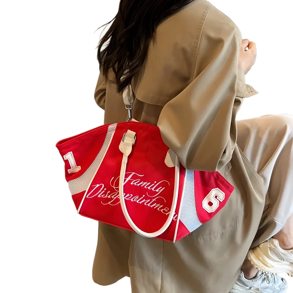 Red canvas bowling bag tote with white mesh accents embroidered family disappointment text and bold number patches