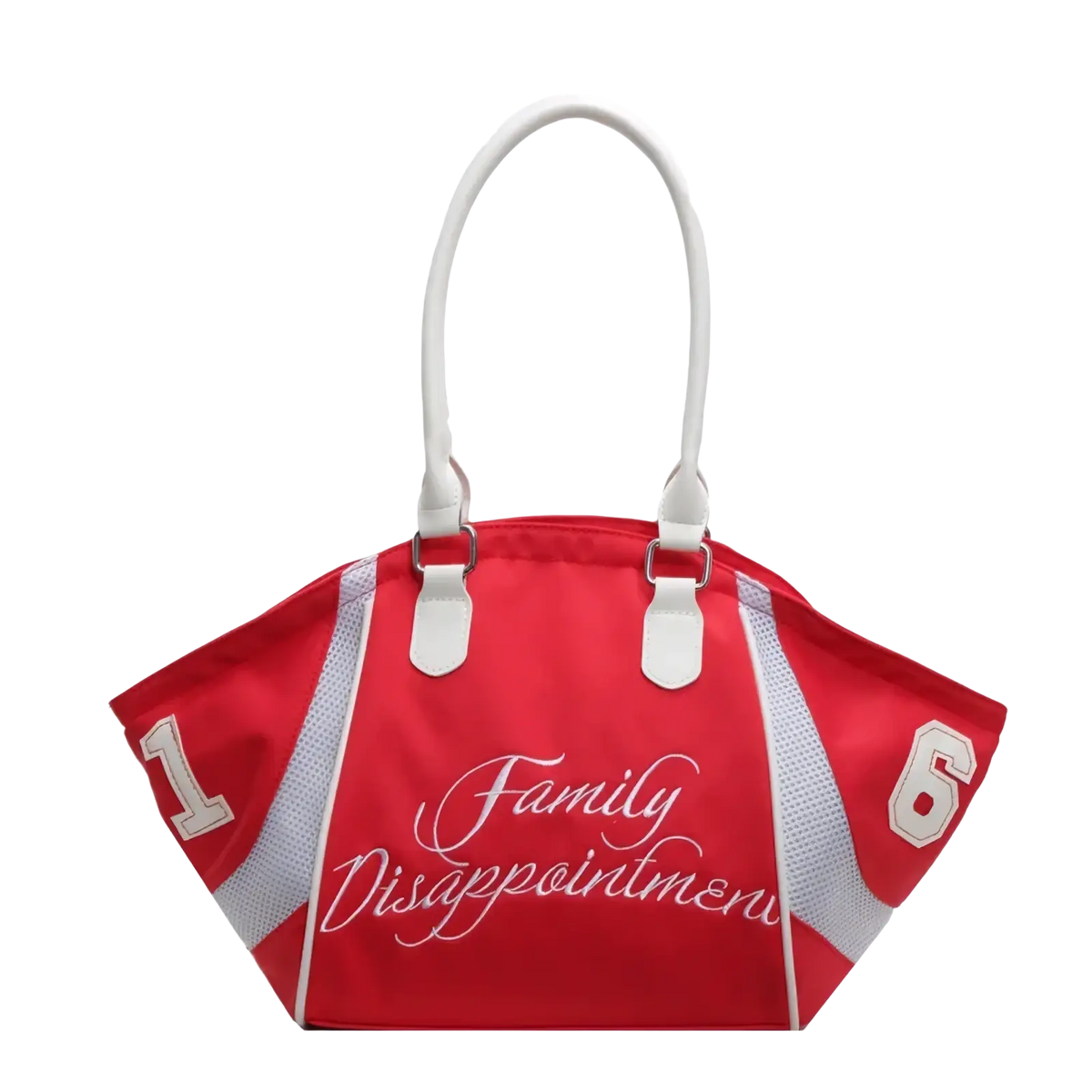 Red sports-themed bowling tote bag with white handles silver mesh sides and embroidered family disappointment text