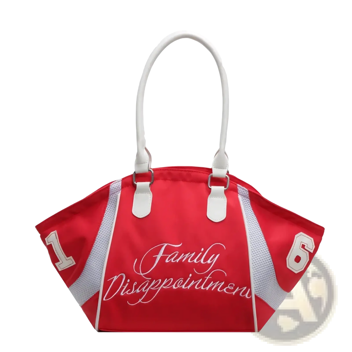 Red sports-themed bowling tote bag with white handles silver mesh sides and embroidered family disappointment text