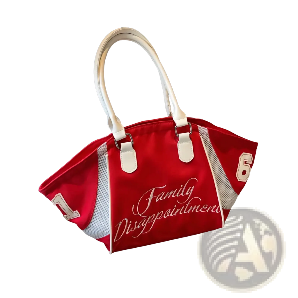 Red and white sports-inspired bowling tote bag with mesh side panels and embroidered family disappointment text in cursive