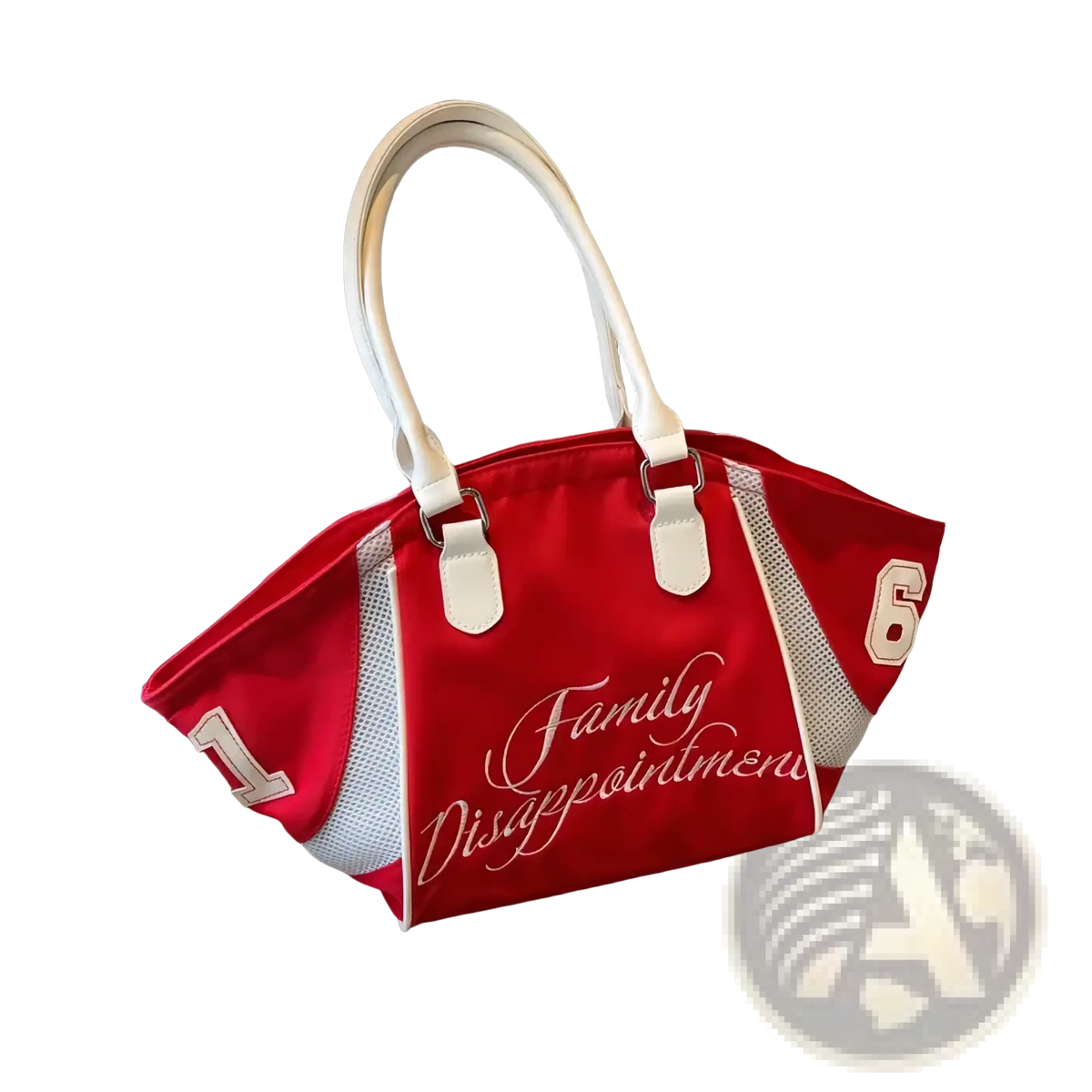 Red and white sports-inspired bowling tote bag with mesh side panels and embroidered family disappointment text in cursive