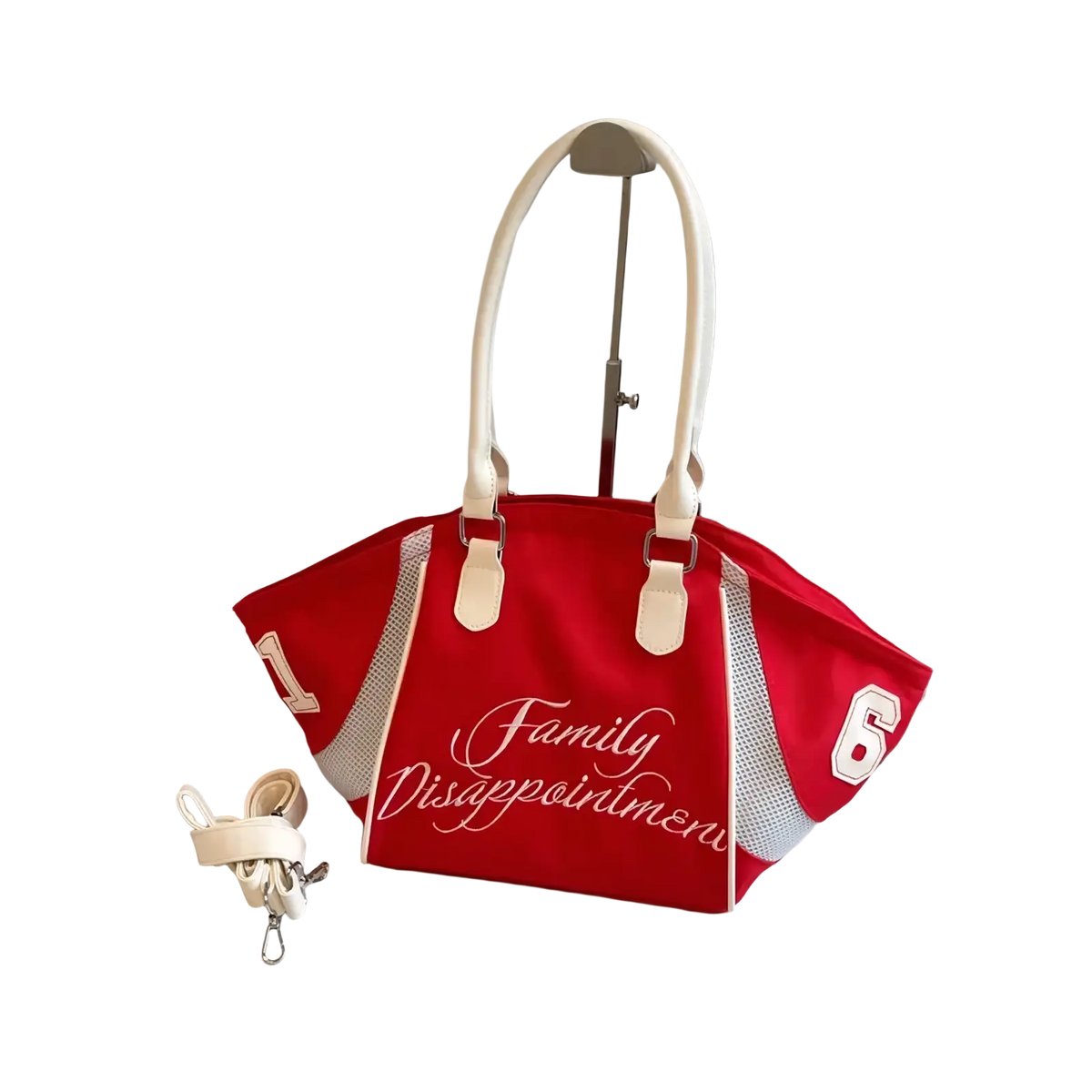 Red and white embroidered sports tote bowling bag with family disappointment script mesh sides and number accents