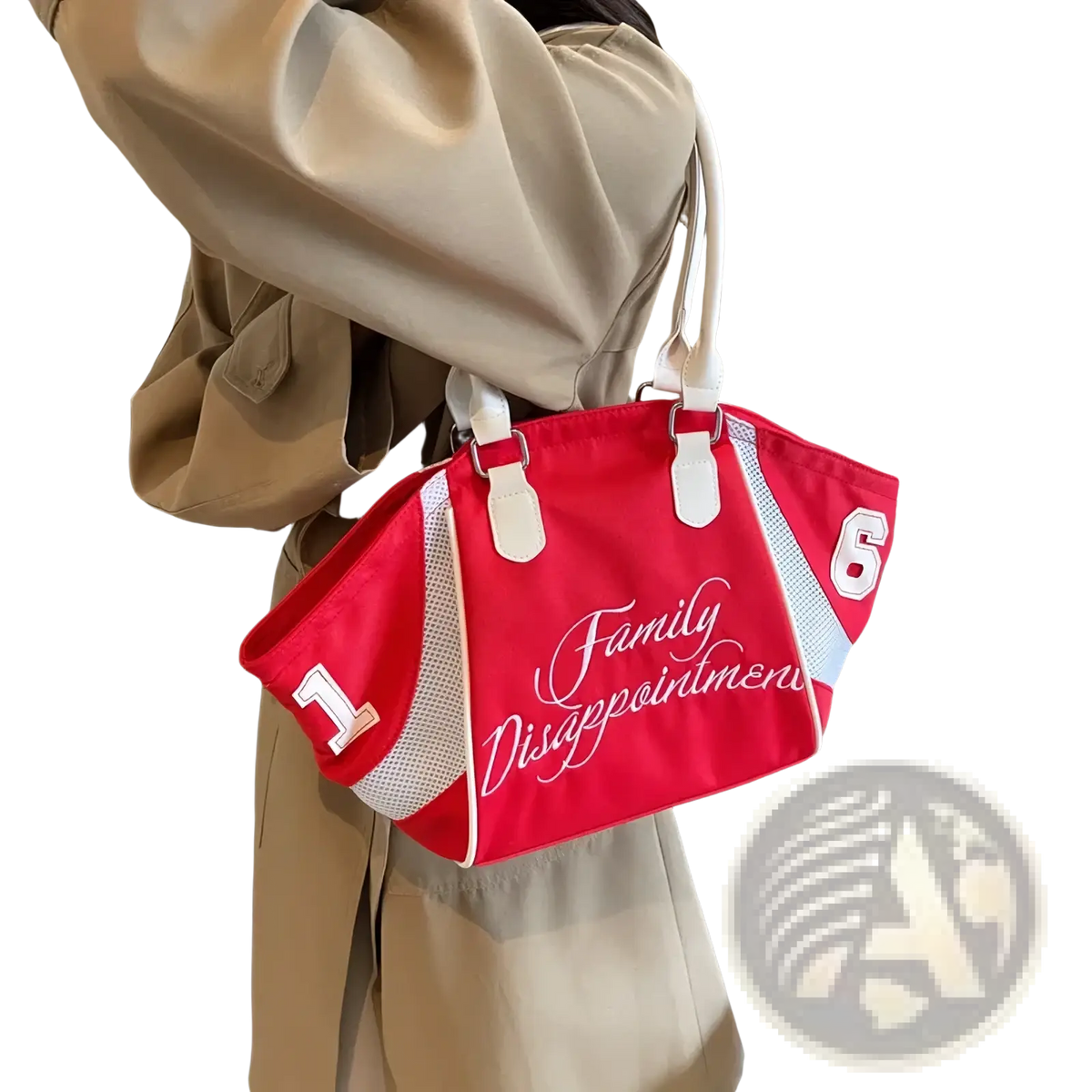 Red and white embroidered sports tote shoulder handbag with mesh panels and family disappointment text in cursive script