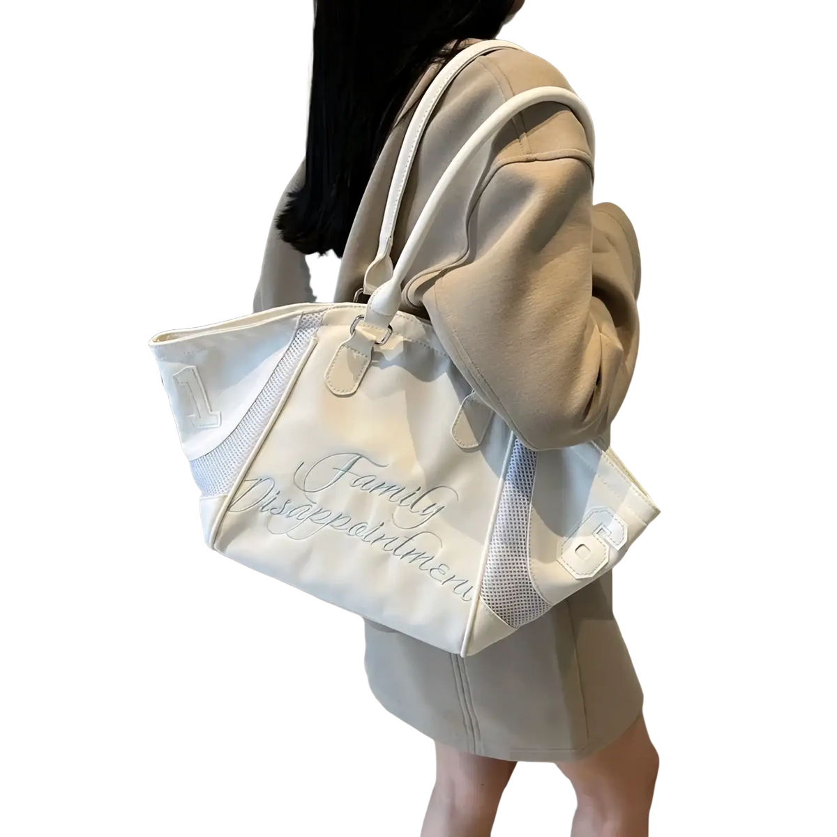 A white bowling bag embroidered sports tote handbag with mesh side panels and silver family disappointment script