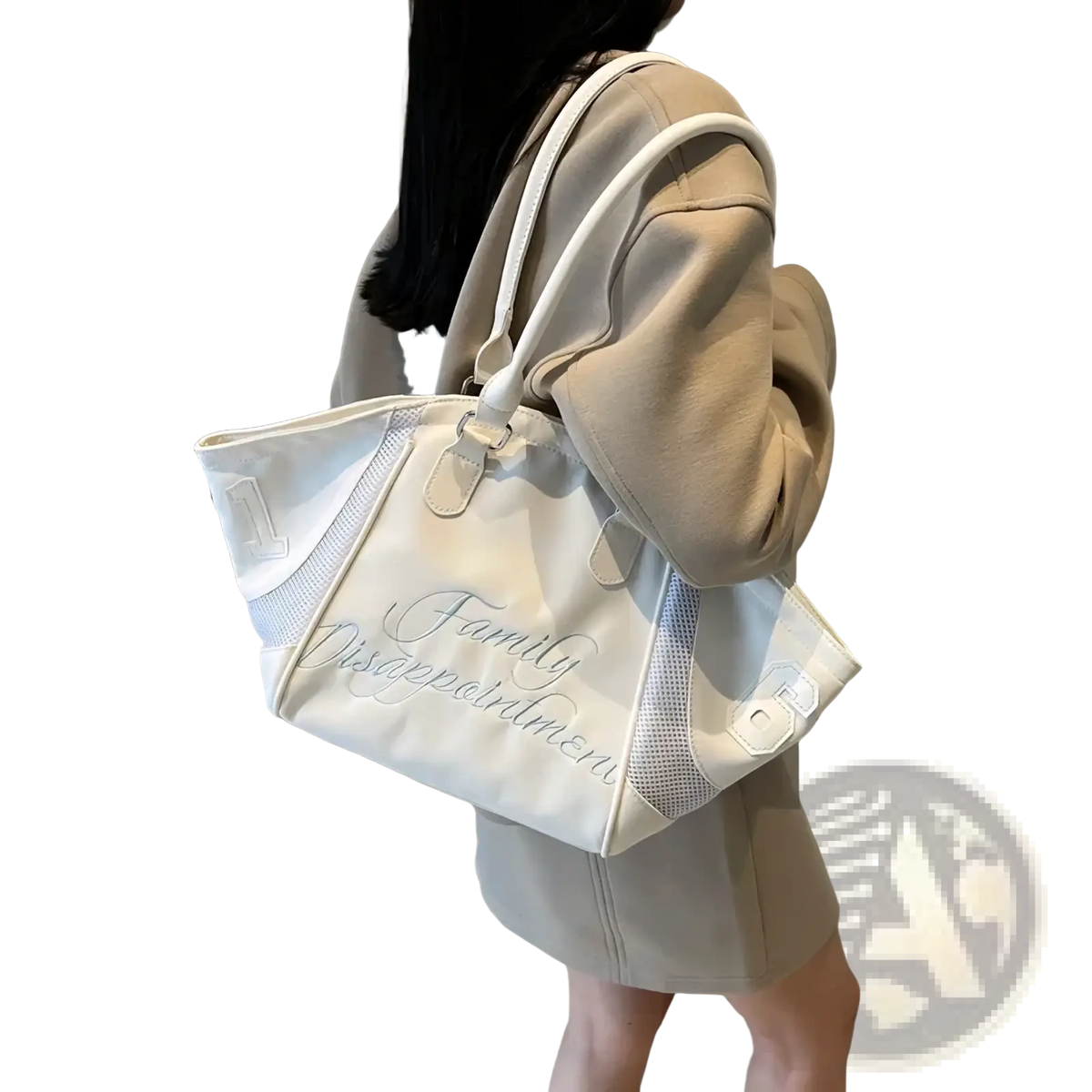 A white bowling bag embroidered sports tote handbag with mesh side panels and silver family disappointment script