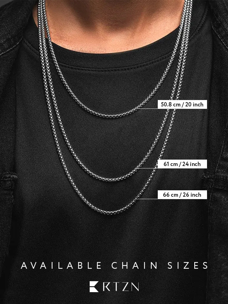 Three silver toned 2.5mm box chain necklaces in varying lengths made of 316l stainless steel