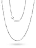 Silver-toned 2.5mm box chain 316l stainless steel necklace with polished finish and kizz engraved rectangular tag
