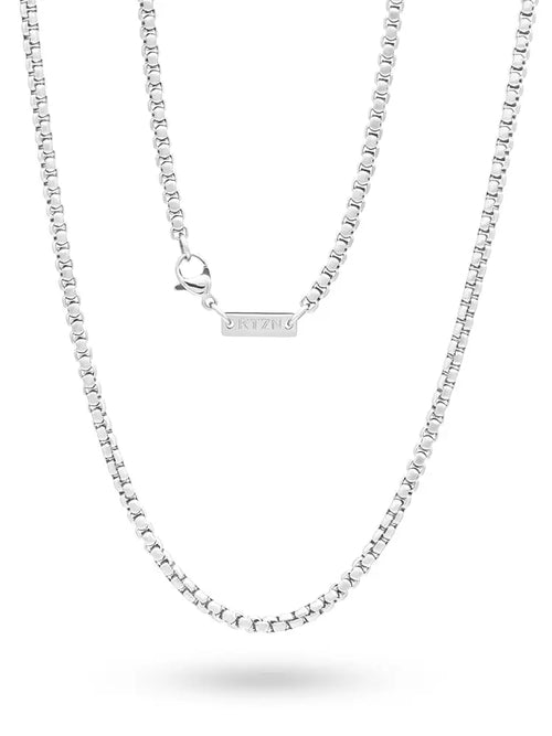 Silver-toned 2.5mm box chain 316l stainless steel necklace with polished finish and kizz engraved rectangular tag