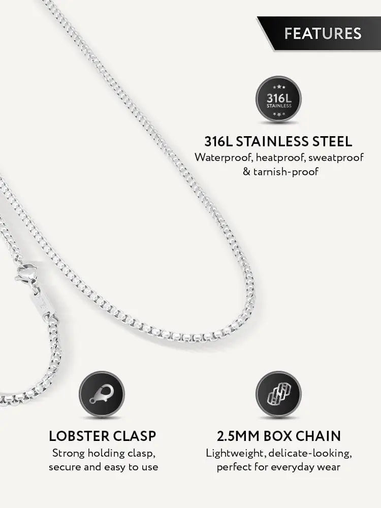 2.5mm silver box chain 316l stainless steel necklace with lobster clasp for durable everyday wear
