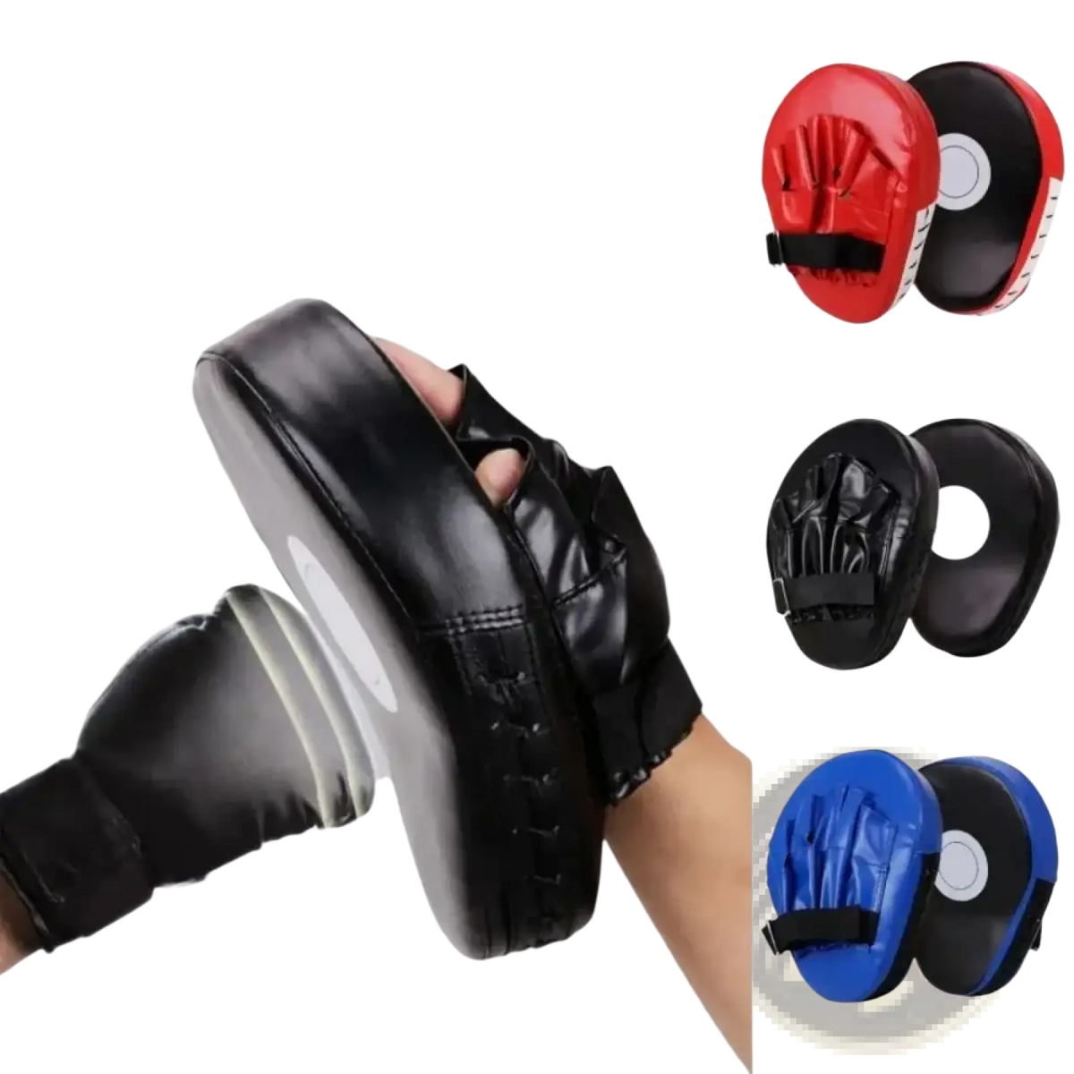Black leather boxing punch pad focus mitt with adjustable strap and padded grip for fitness training use
