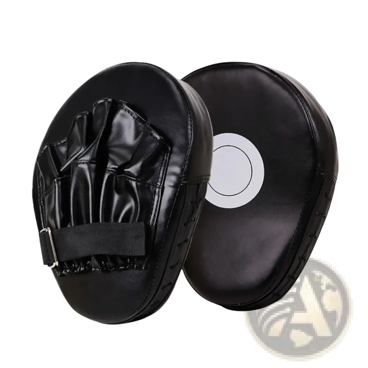 Black leather boxing punch pad focus mitt with white target and adjustable strap for secure fitness training fit