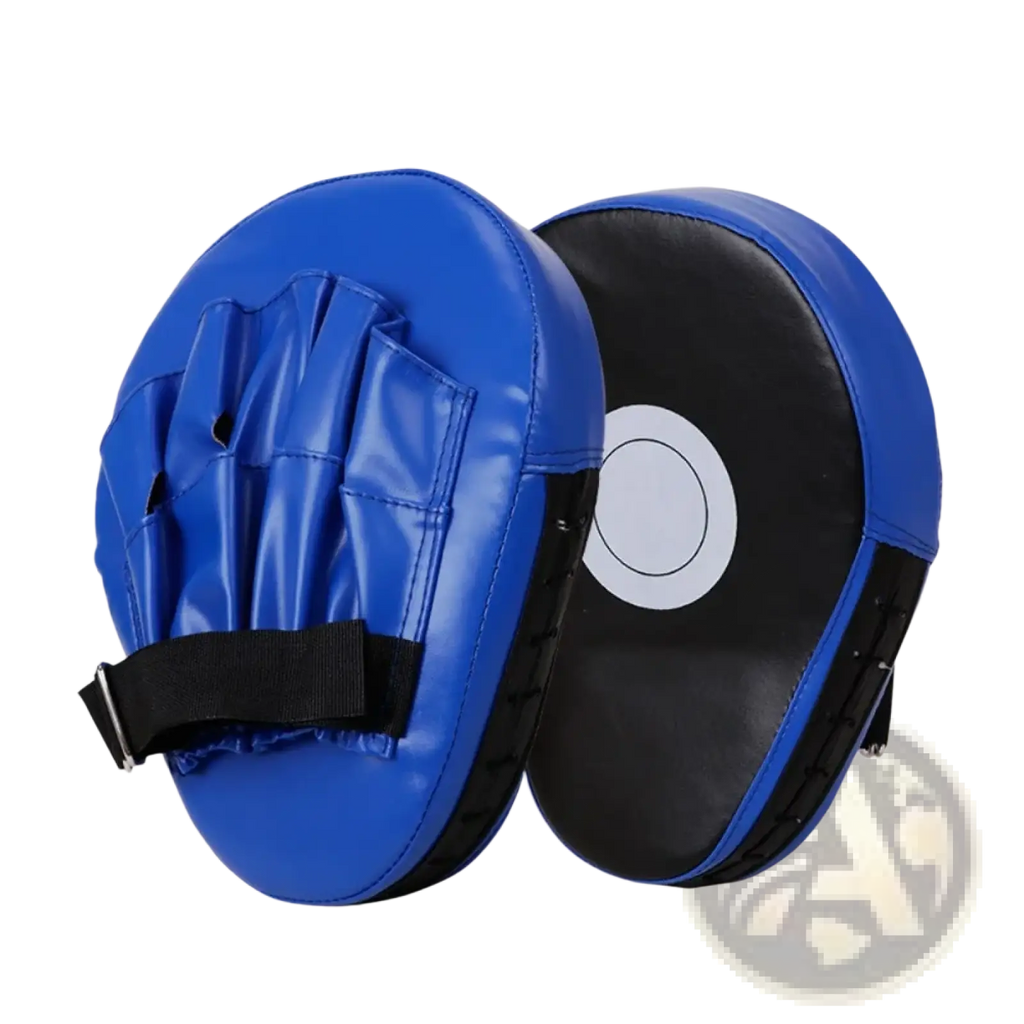 Blue and black boxing punch pad focus mitt made of durable leather like material with white target mark on back side