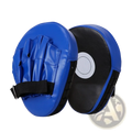 Blue and black boxing punch pad focus mitt made of durable leather like material with white target mark on back side
