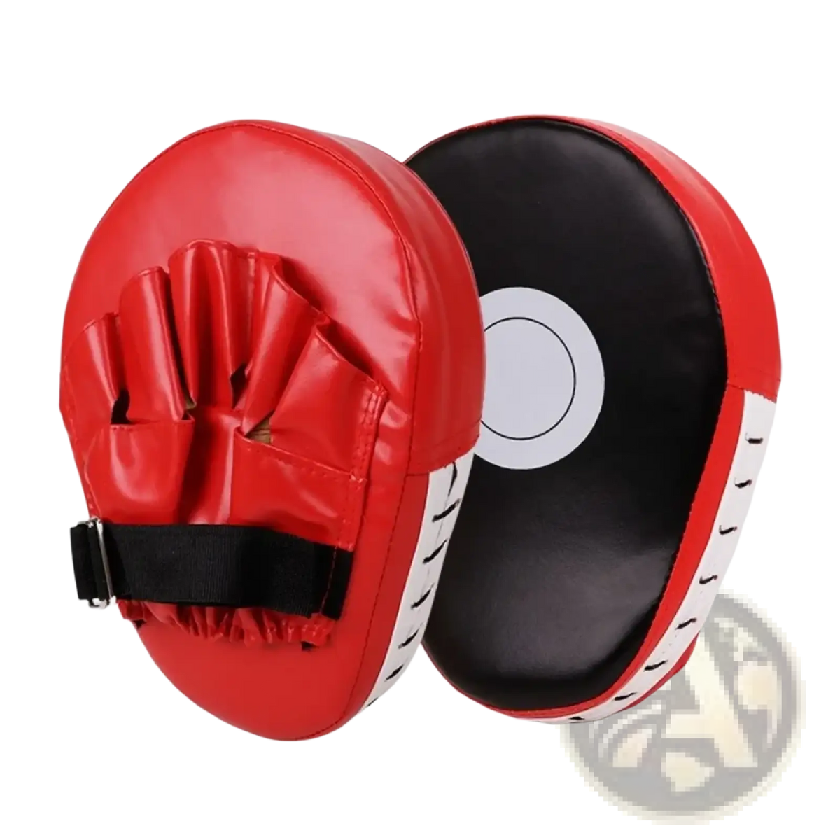 Red and black boxing punch mitts with white circular target, padded leather-like material, and adjustable straps for fitness gear