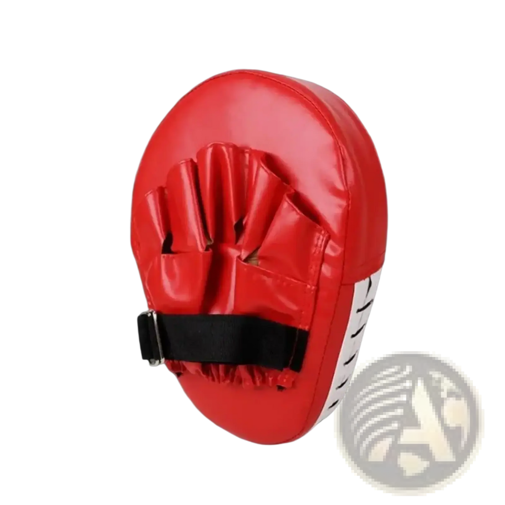 Red boxing punch mitt with black strap and white accents designed for focus mitt target fitness training