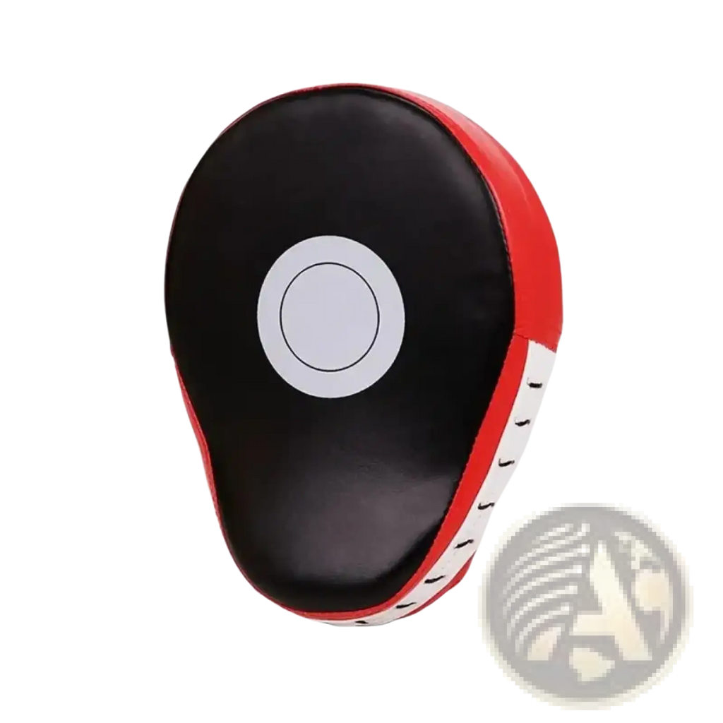Red and black boxing punch pad focus mitt with a white circular target for fitness training and boxing practice