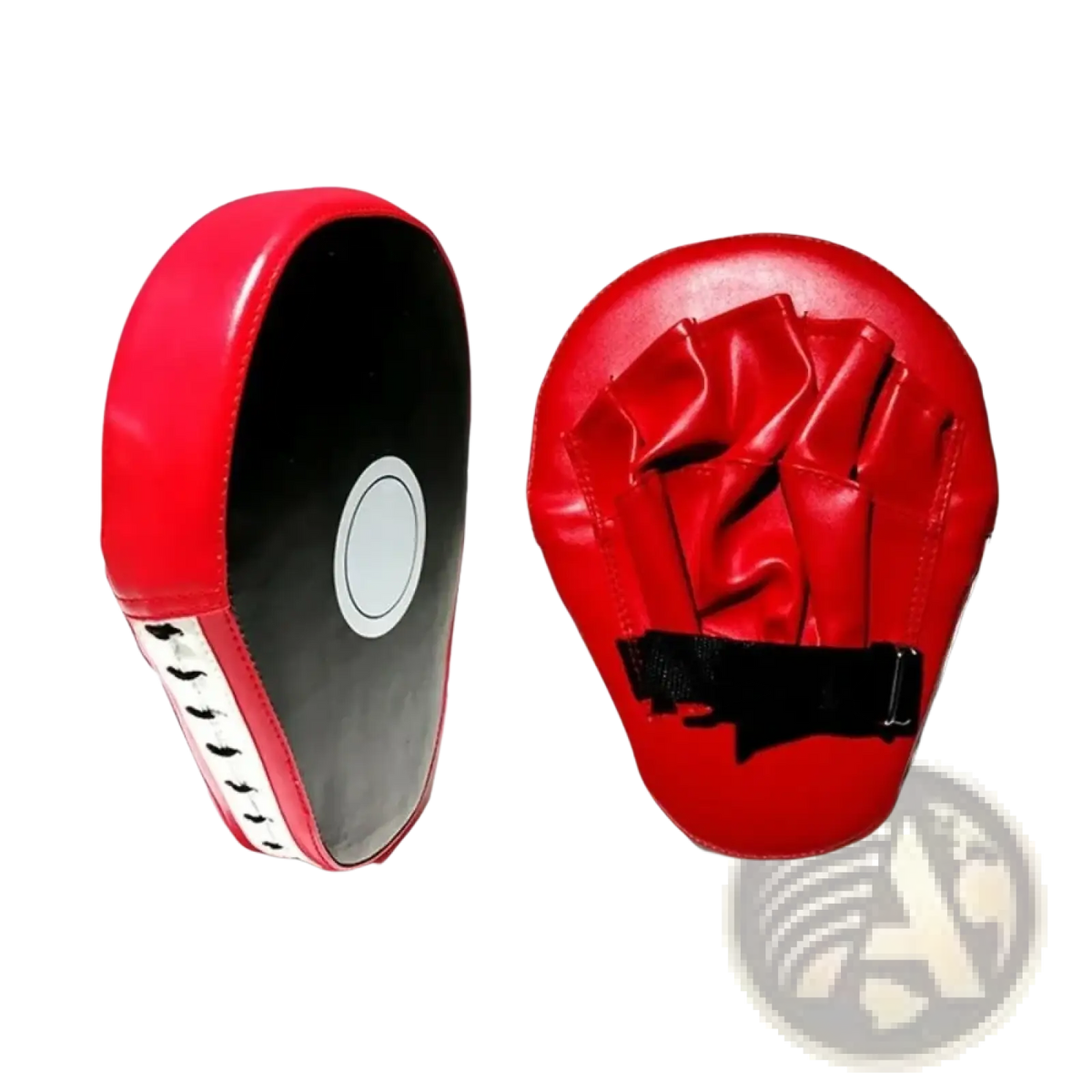 Red leather boxing punch pad focus mitt with black padded interior and white circular target for fitness training