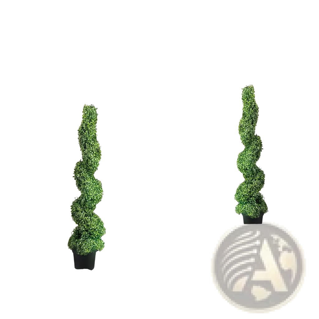 Two tall green artificial boxwood spiral topiary trees in black pots flanking a modern entrance 122cm 2 pack
