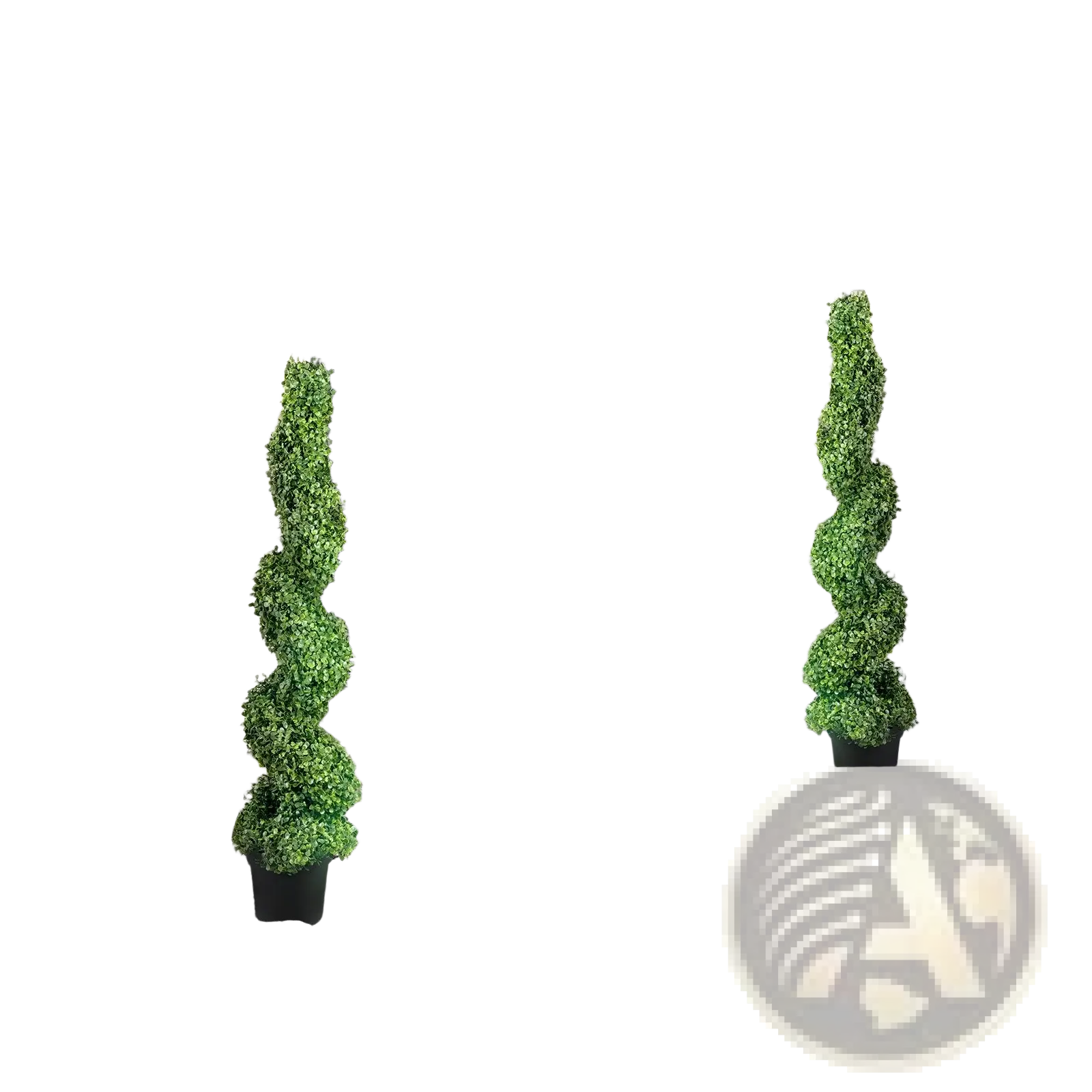 Two tall green artificial boxwood spiral topiary trees in black pots flanking a modern entrance 122cm 2 pack
