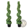 Two artificial boxwood spiral topiary trees with dense green foliage in black pots 122cm 2 pack