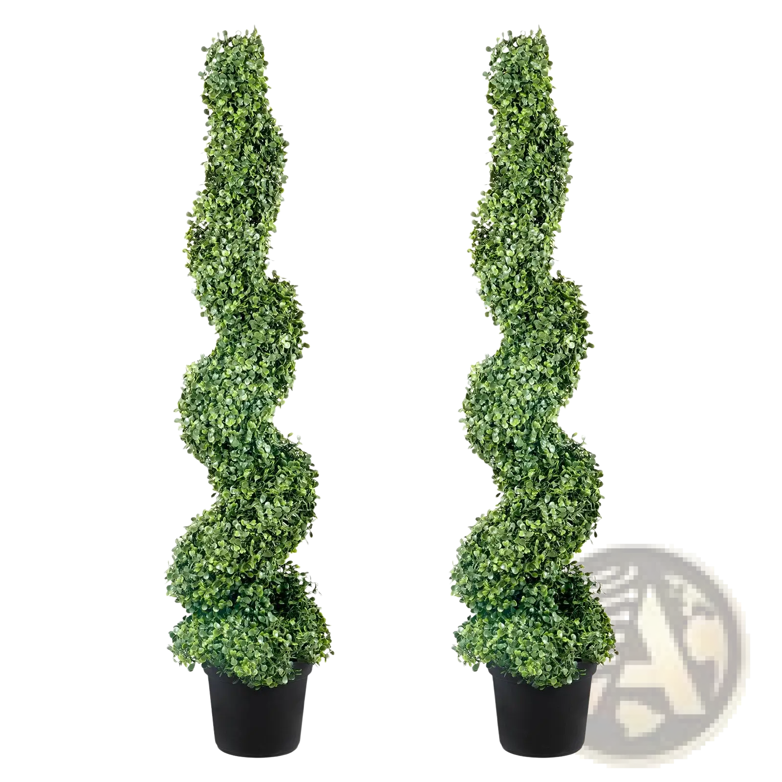 Two artificial boxwood spiral topiary trees with dense green foliage in black pots 122cm 2 pack