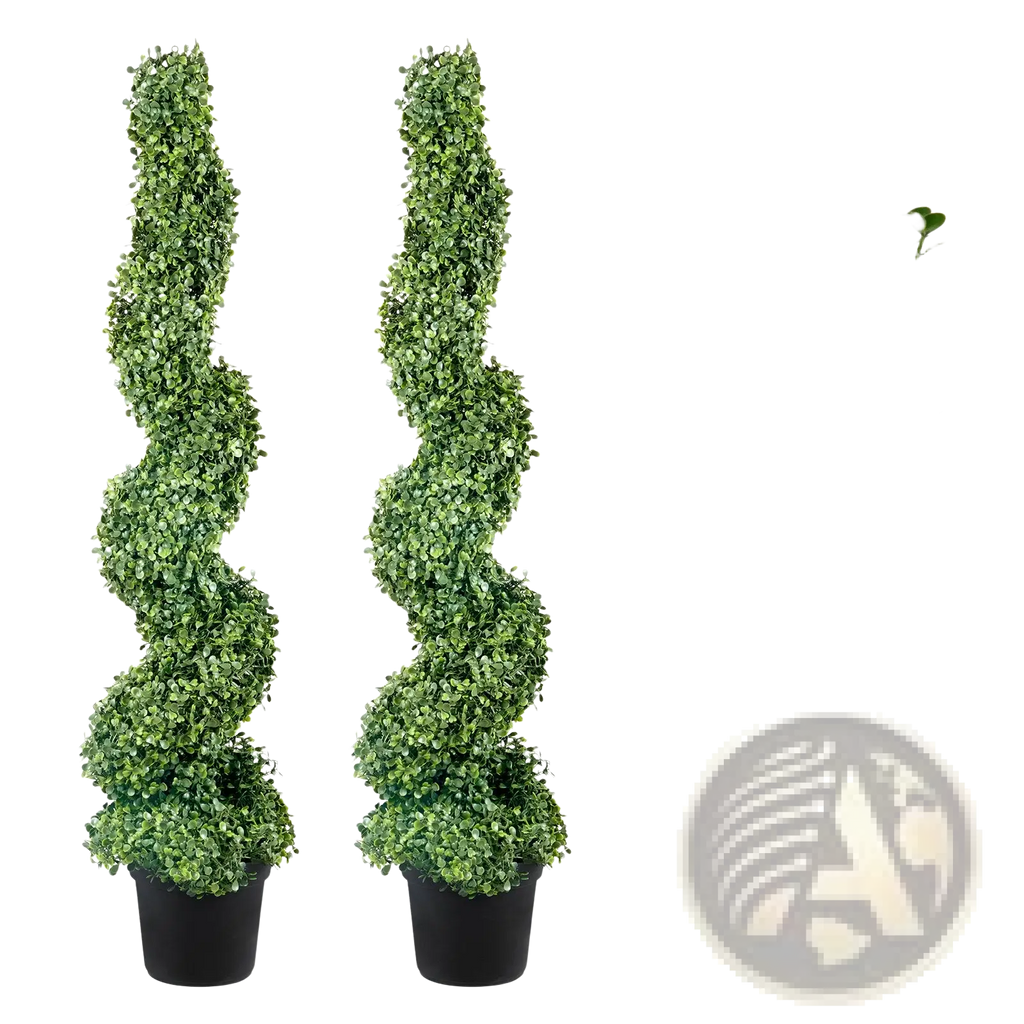 Two tall green boxwood spiral topiary artificial trees in black pots 122cm 2 pack for indoor or outdoor decor