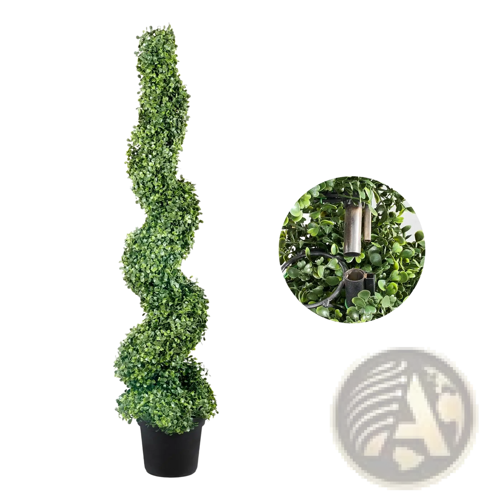 A tall spiraling artificial boxwood topiary in a black pot suitable for indoor or outdoor decoration