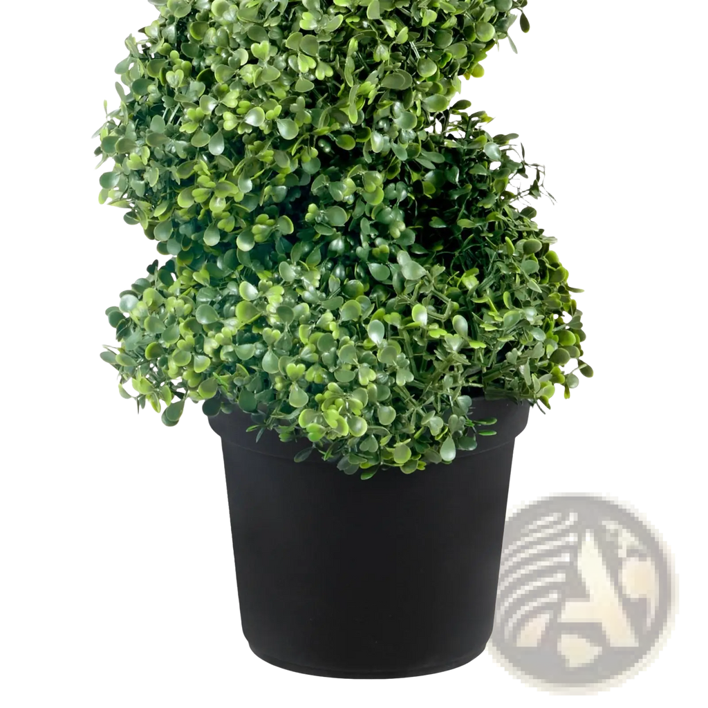 A lush spiral-shaped boxwood artificial topiary tree in a sleek black pot 122cm 2 pack