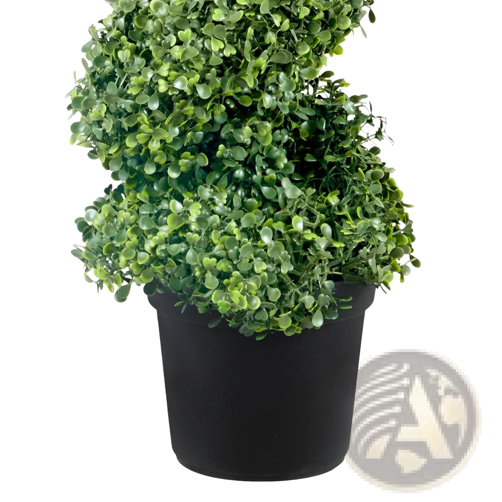 A lush spiral-shaped boxwood artificial topiary tree in a sleek black pot 122cm 2 pack