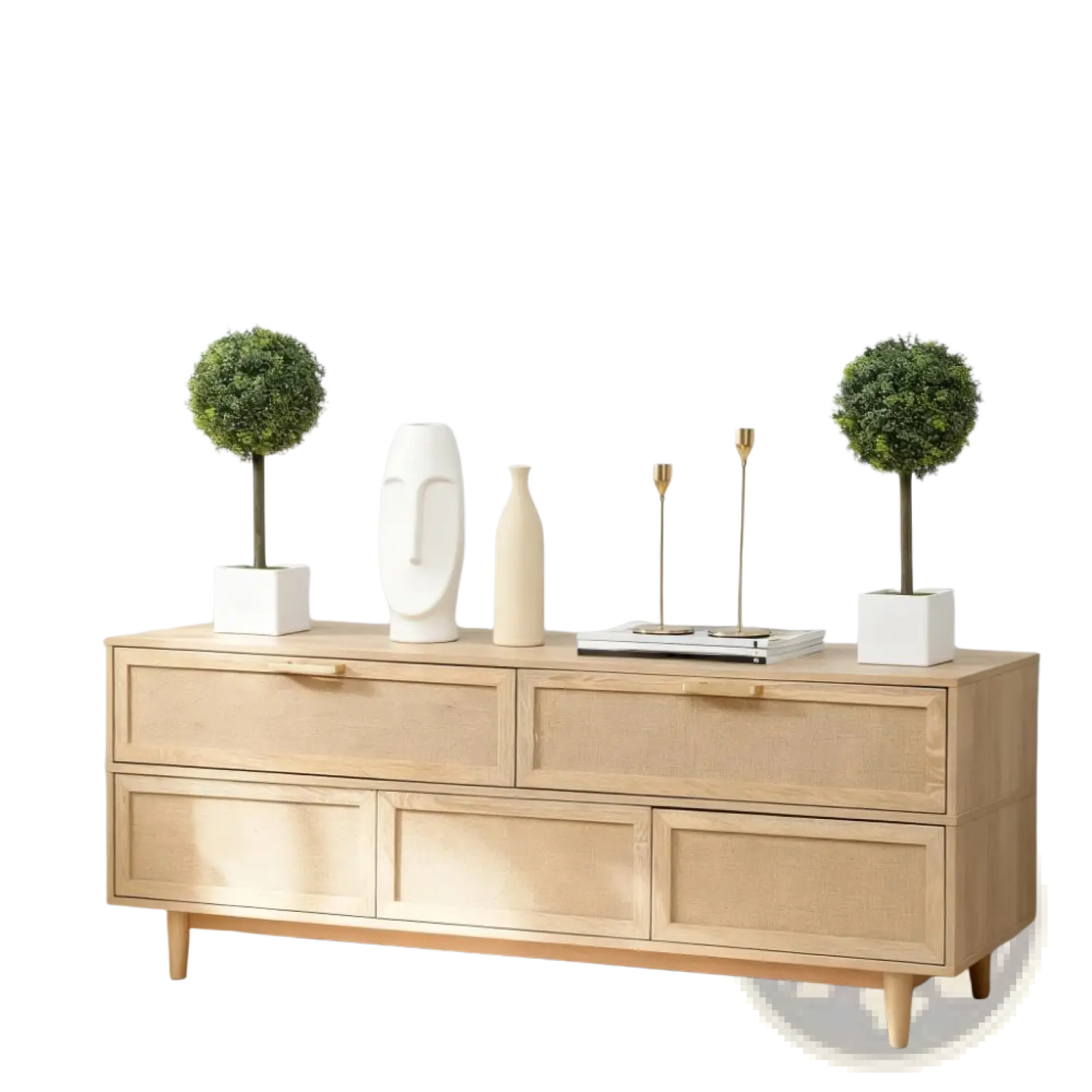 Light oak wooden sideboard with six drawers and tapered legs beside a set of two boxwood topiary balls in white pots
