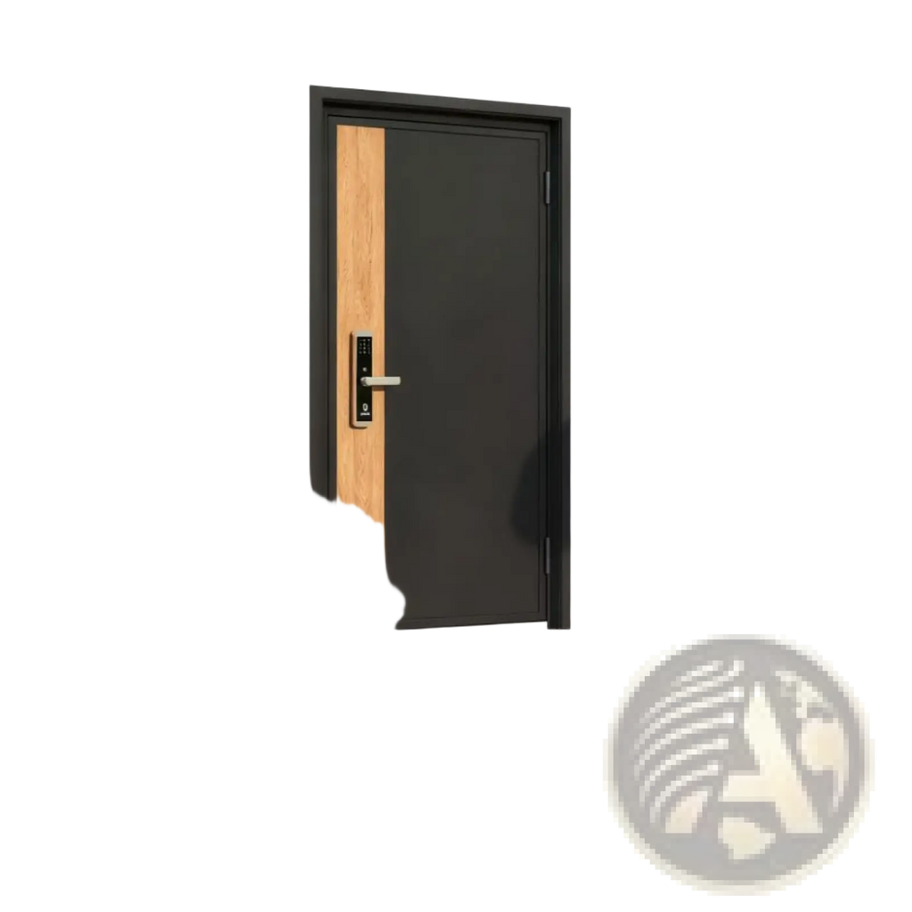 Modern black door with vertical wood panel and sleek digital lock shown alongside boxwood topiary balls set of 2 with white pots