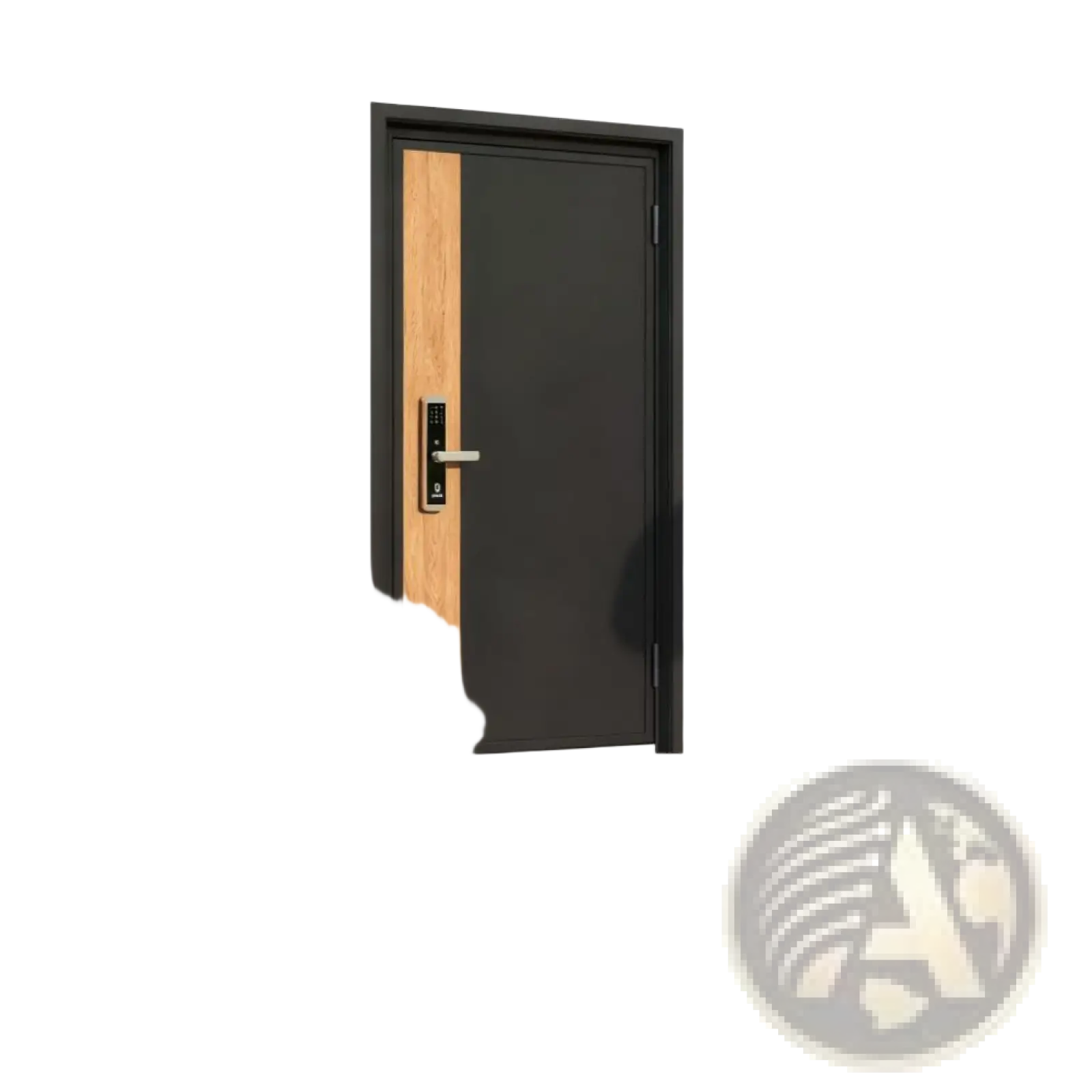 Modern black door with vertical wood panel and sleek digital lock shown alongside boxwood topiary balls set of 2 with white pots