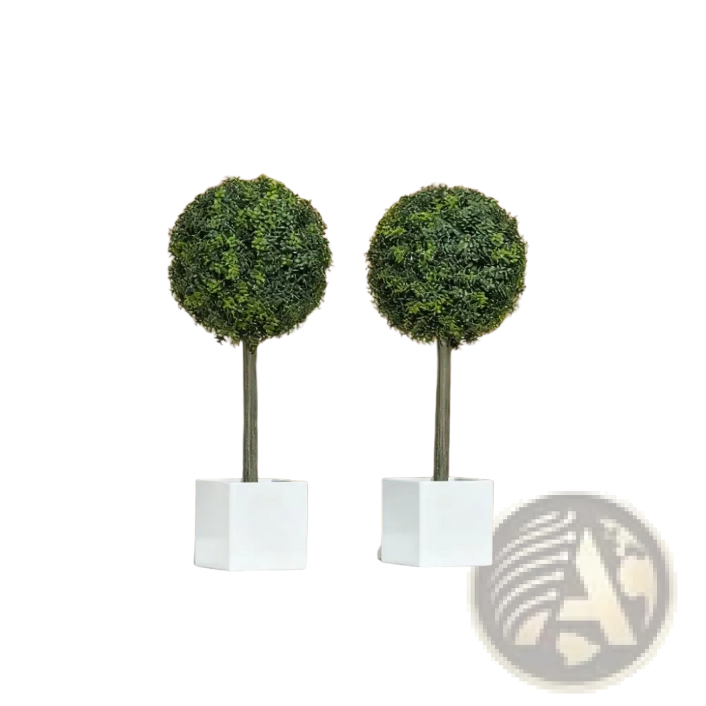 Two identical artificial boxwood topiary balls with dense green foliage and slender gray stems in white square pots