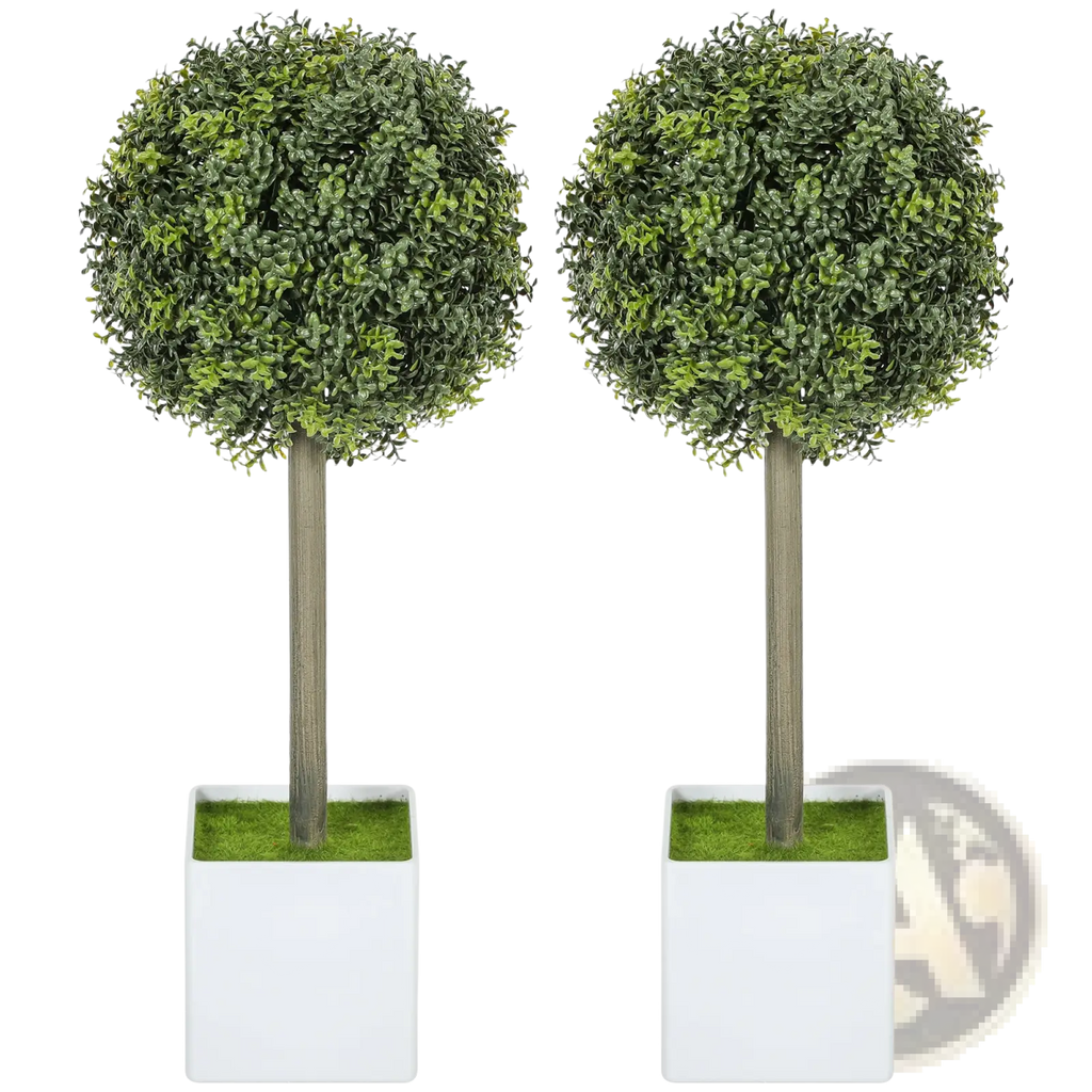 Two artificial boxwood topiary balls with dense dark green foliage in white square pots set of 2